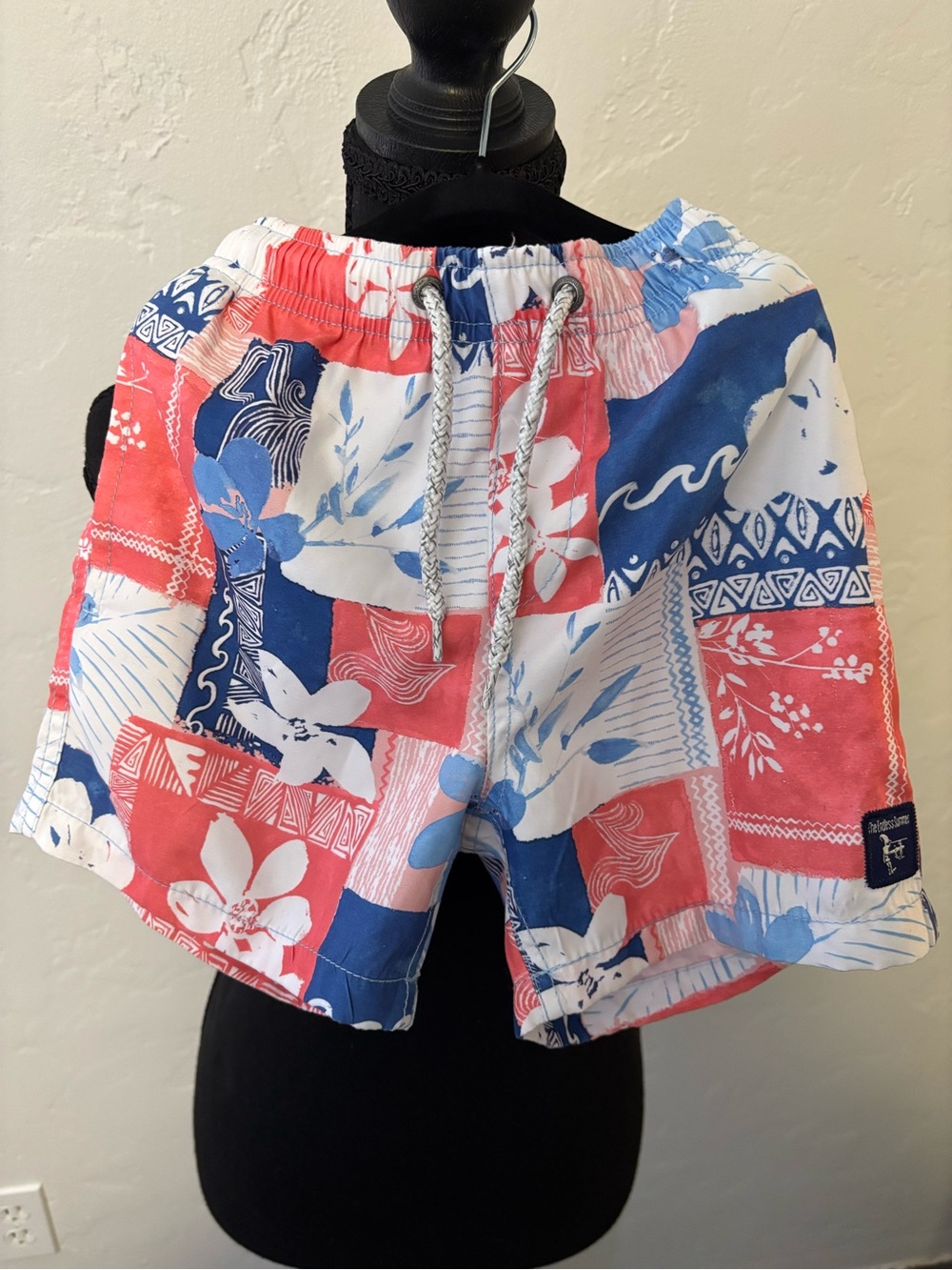 Kids Red, Blue & White Patchwork Swim Trunks